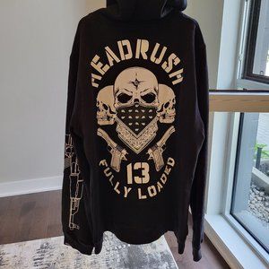 HEADRUSH Brand men's black zippered hoodie with oversized white logo on back